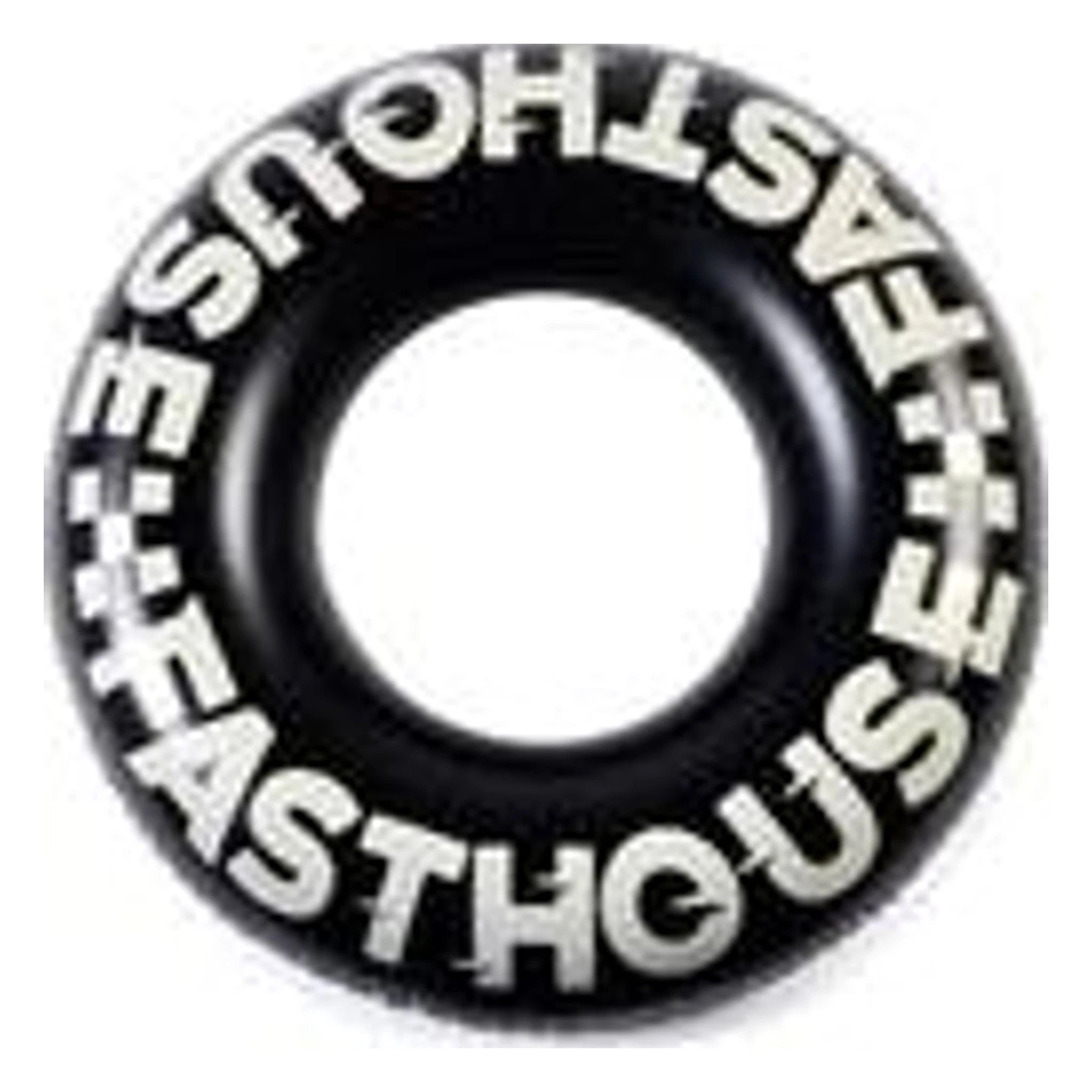 Twister Pool Floatie Accessory front view, Black rubber tire with cream lettering around outer edge reading "Shotsay the