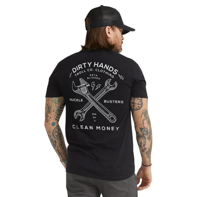 Back of Twisting Wrenches Black Tee, Black with white crossed wrench graphic, "Dirty Hands" text arc, "Knuckle Busters" and