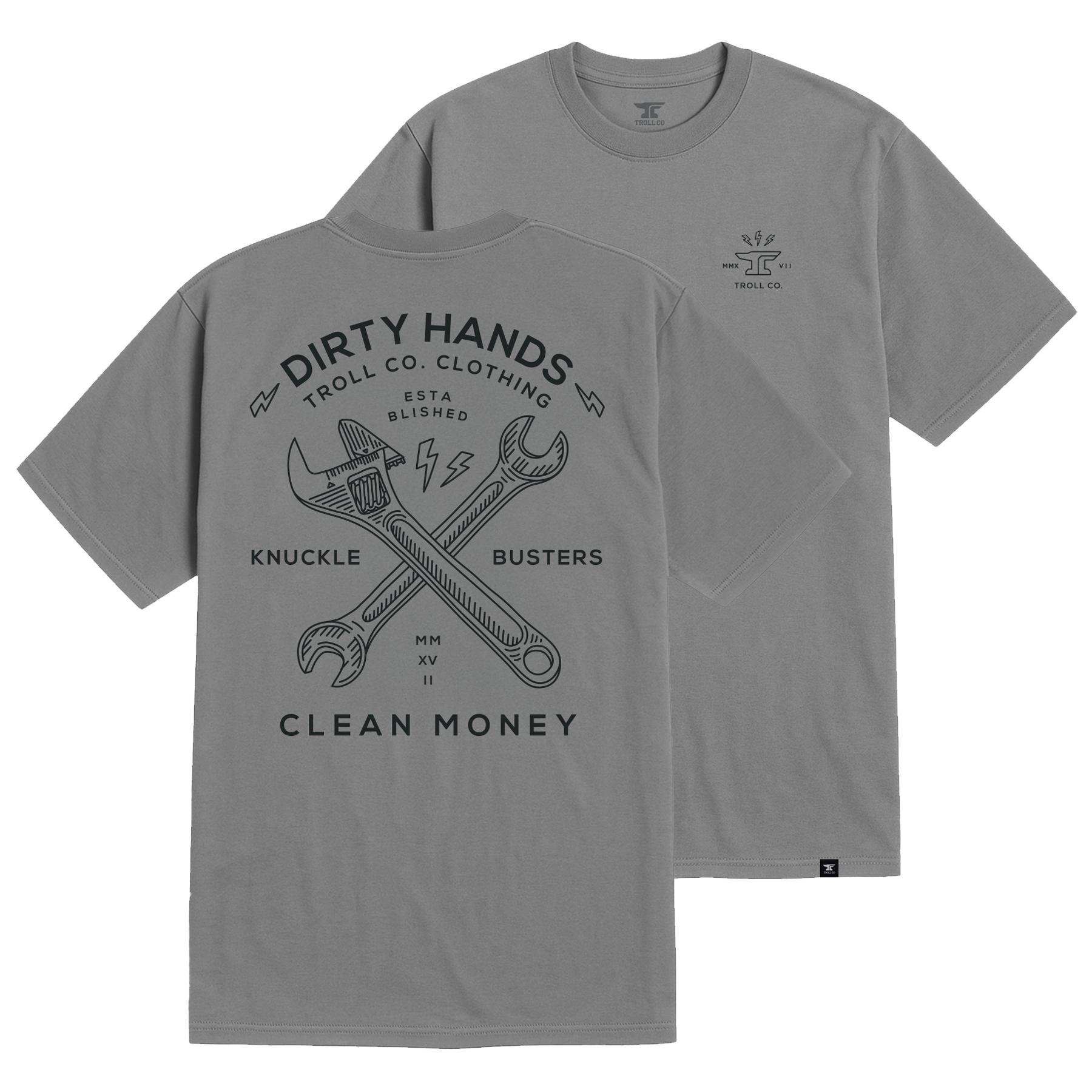 Back of Twisting Wrenches Black Tee, Gray with black line-art graphic of crossed wrenches, "Dirty Hands" text, and "Clean
