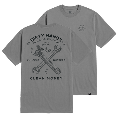 Back of Twisting Wrenches Black Tee, Gray with black line-art graphic of crossed wrenches, "Dirty Hands" text, and "Clean