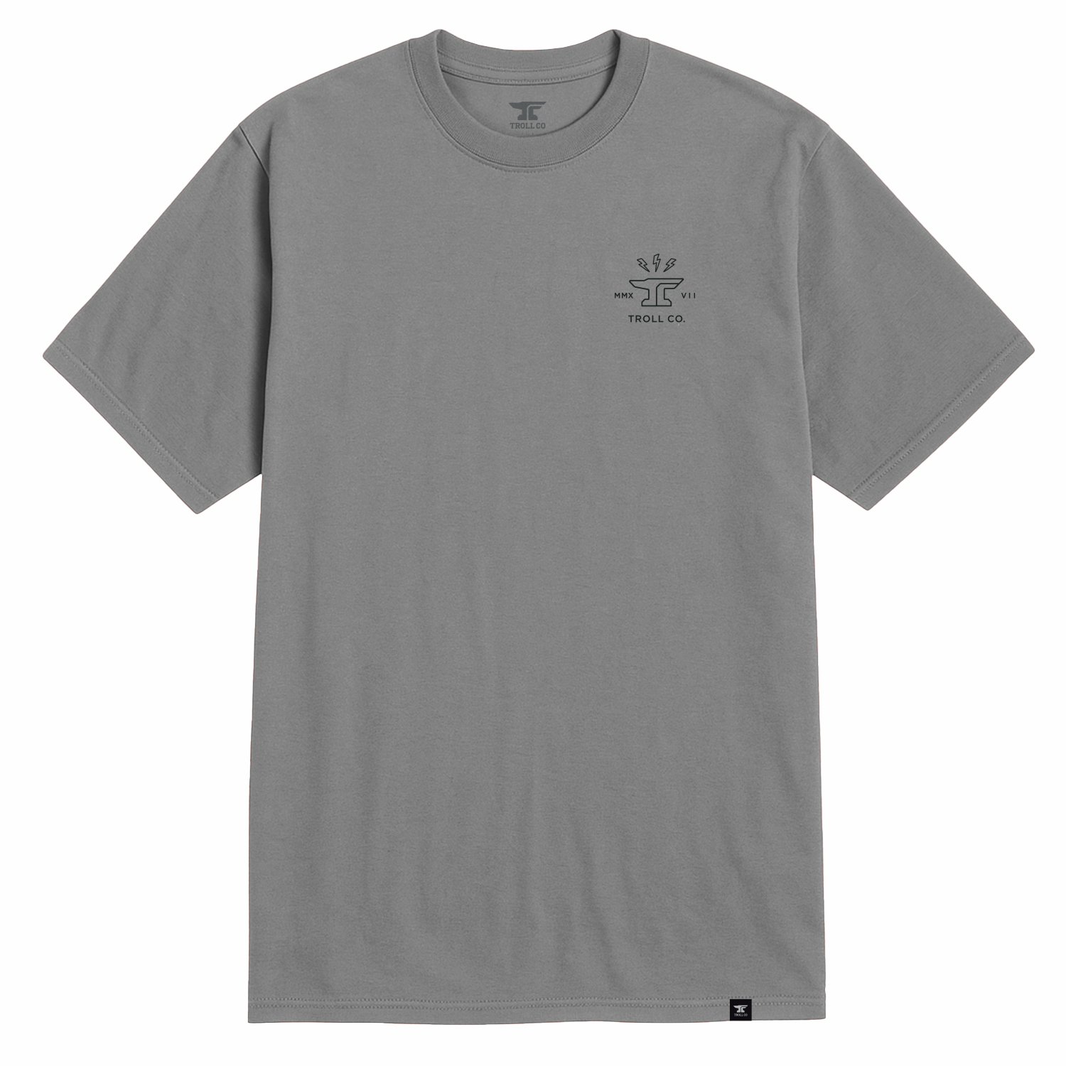 Close-up of Twisting Wrenches Black Tee showing Small embroidered logo with crossed wrenches and Roman numerals centered on