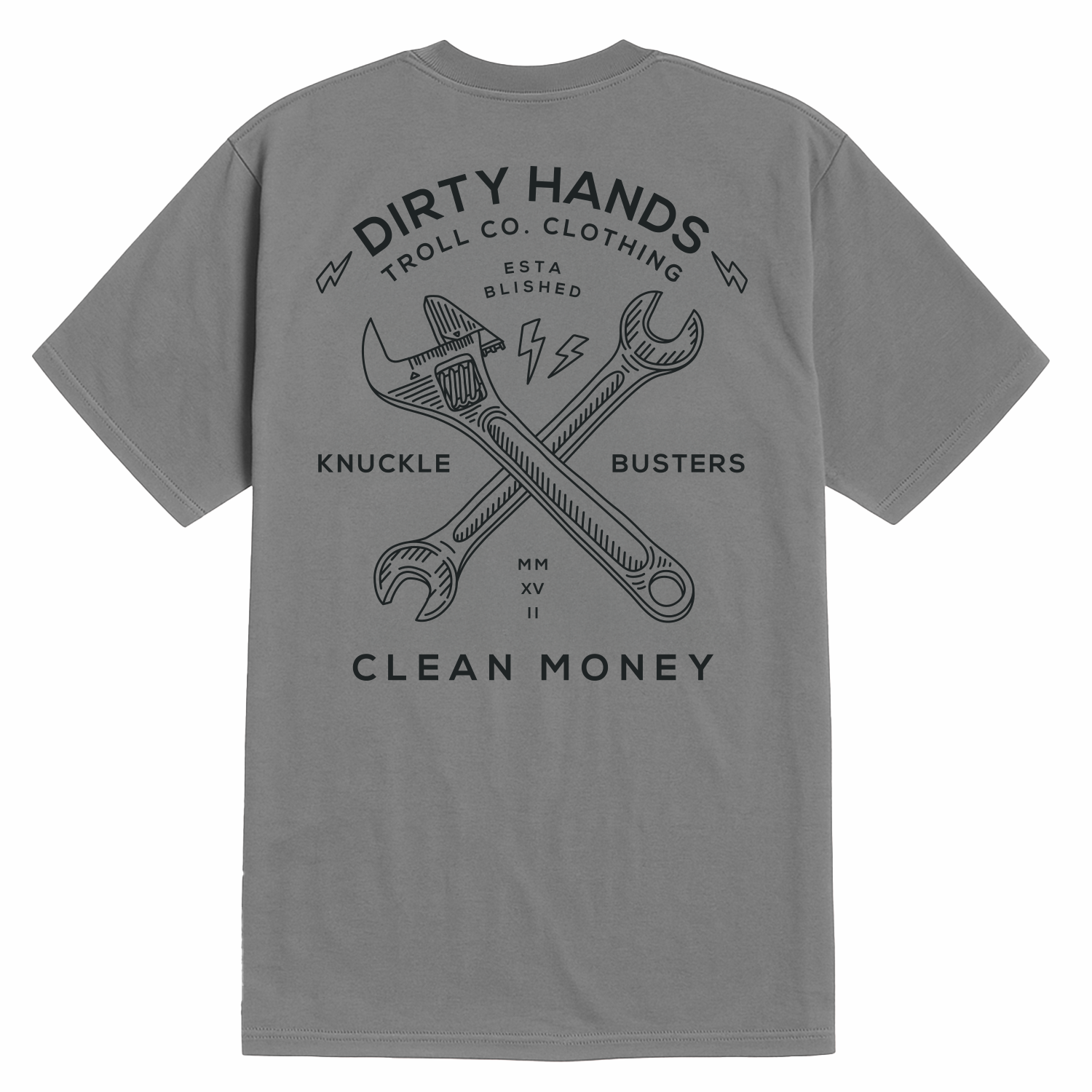 Close-up of Twisting Wrenches Black Tee showing Crossed wrenches with lightning bolts and tool-themed text layout in black