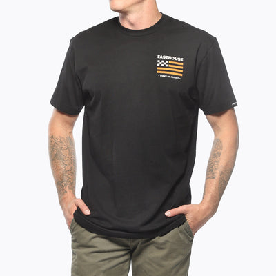 Person wearing Unite Man wearing black tee standing against plain white background