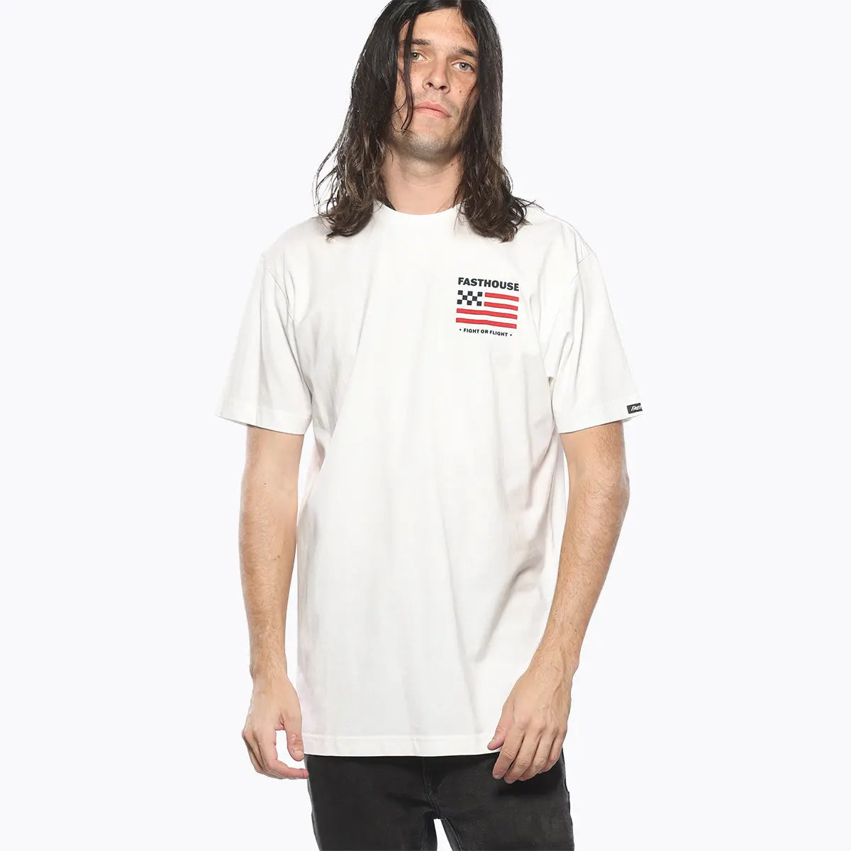 Person wearing Unite Black Tee, Plain white background, neutral studio setting - Slowride Supply