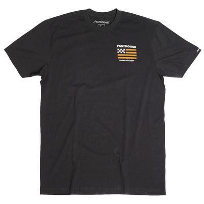 Close-up of Unite Black tee with checkered flag and yellow stripe graphic, white text reading "Fight or Flight" on chest