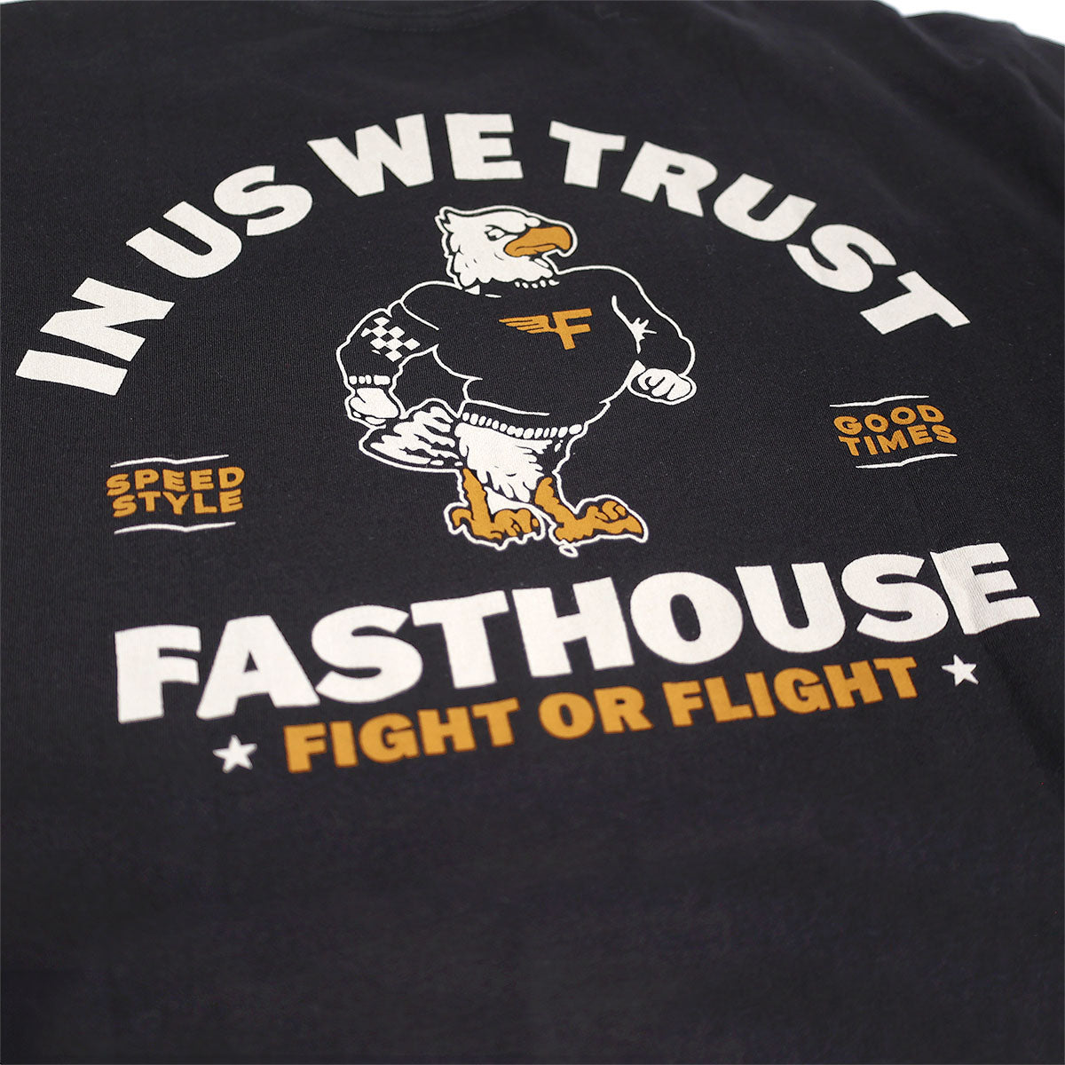 Close-up of Unite Eagle mascot with checkered flag and gold accents on chest graphic