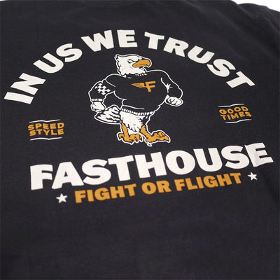 Close-up of Unite Eagle mascot with checkered flag and gold accents on chest graphic