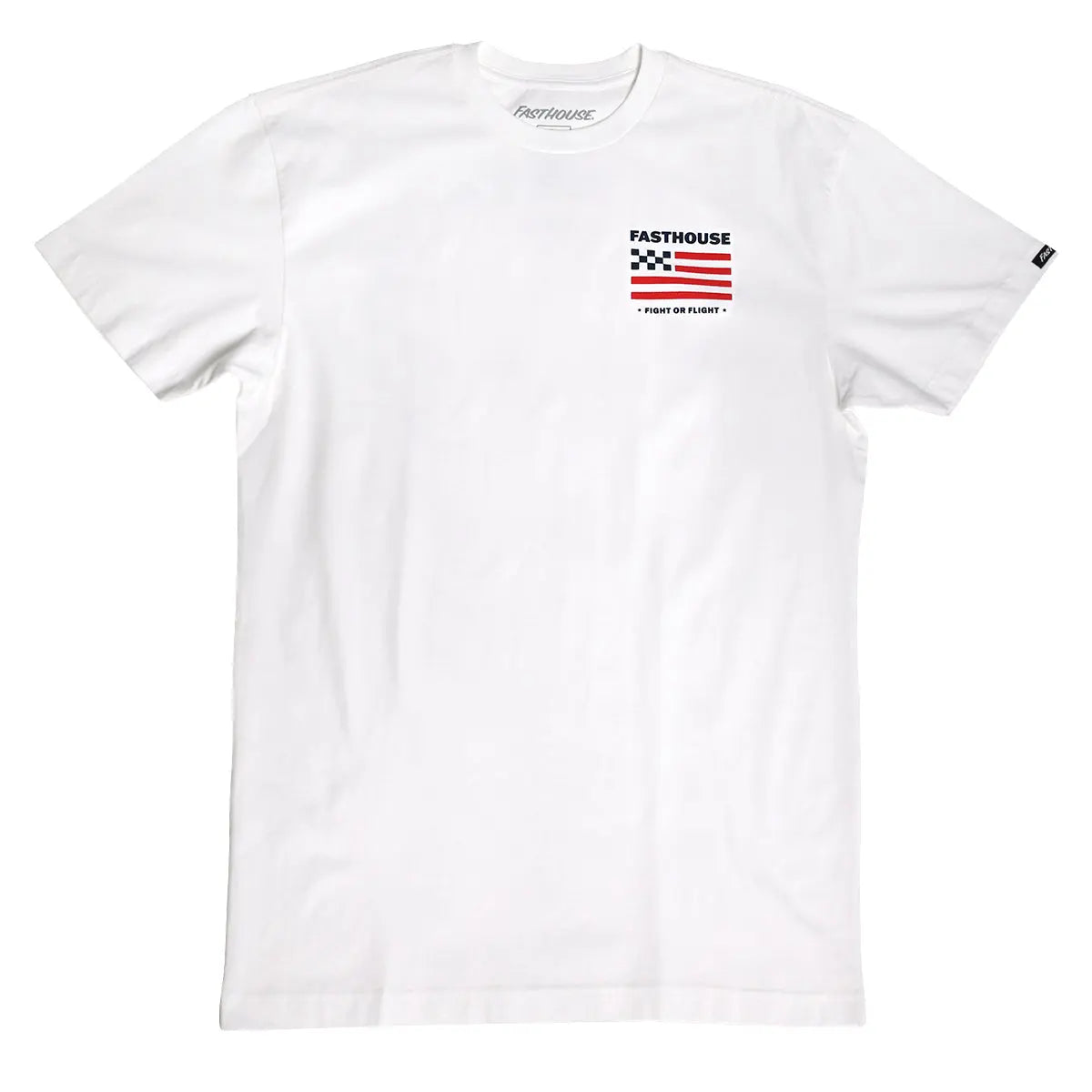 Close-up of Unite Black Tee showing White tee with checkered flag and stars merged into striped flag graphic, black text