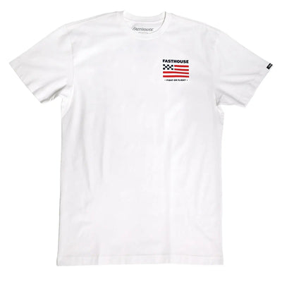Close-up of Unite Black Tee showing White tee with checkered flag and stars merged into striped flag graphic, black text