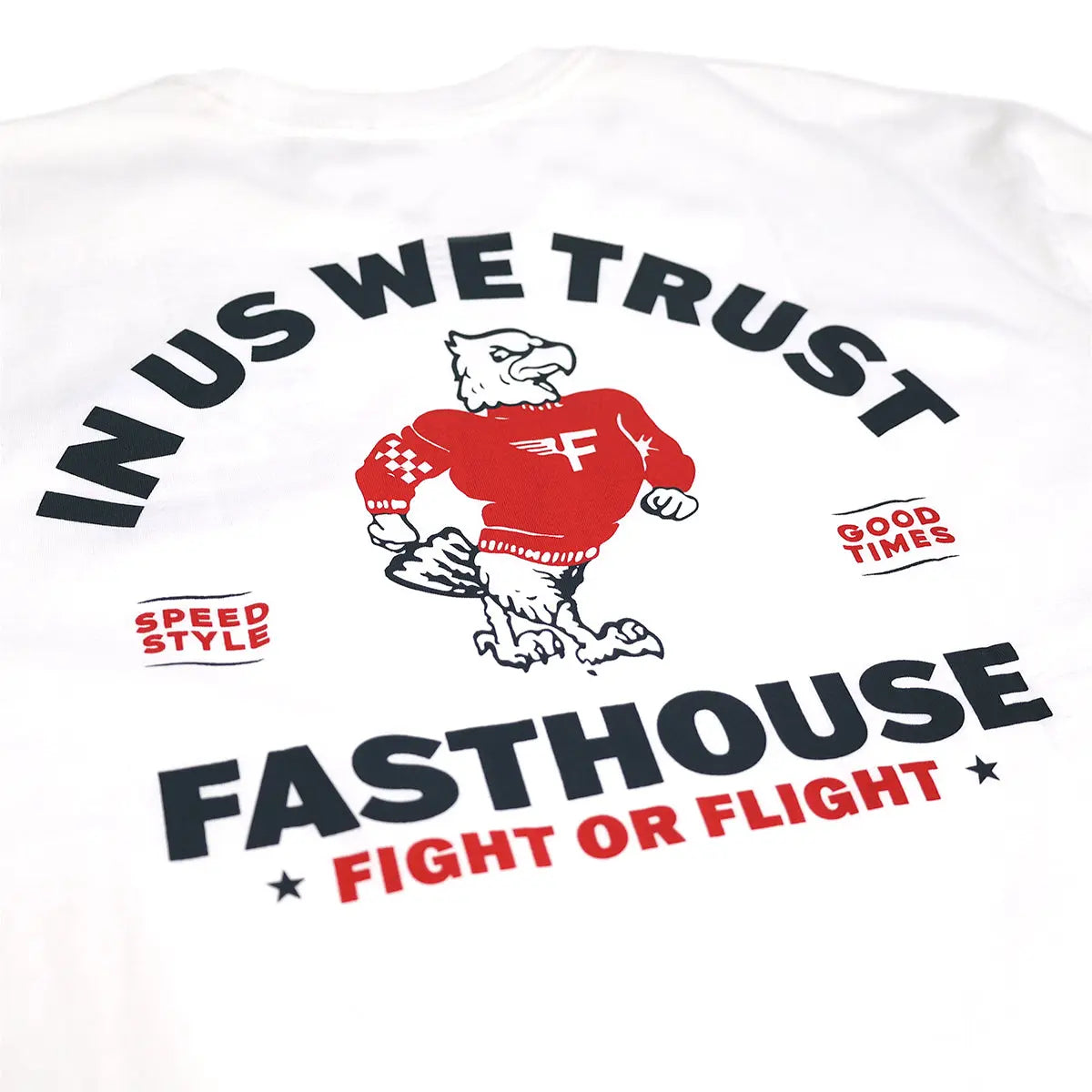 Close-up of Unite Black Tee showing White with black and red graphic of eagle mascot in red racing jacket, "In Us We Trust"