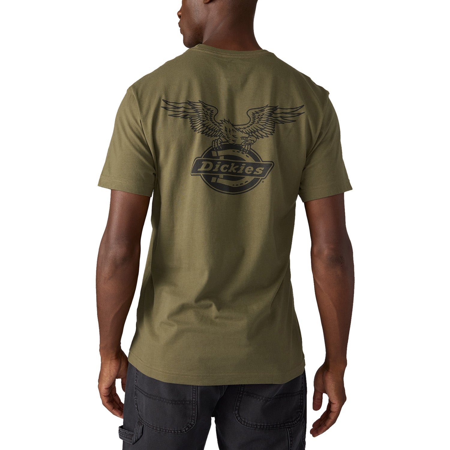 Person wearing United Military Green Tee, Wearer standing against neutral white background in studio setting - Slowride