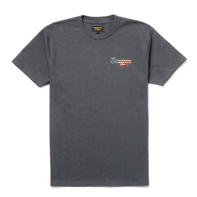 Close-up of USA Russ Vintage Black Tee showing Charcoal gray tee with small embroidered flag and script logo on chest -