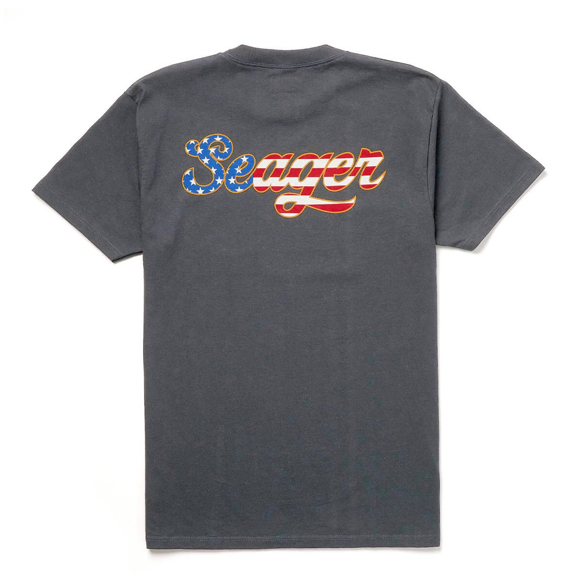 USA Russ front view, Vintage black with red and gold script lettering featuring blue stars and stripes pattern throughout,