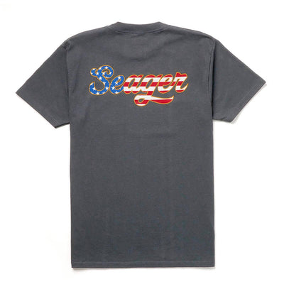 USA Russ front view, Vintage black with red and gold script lettering featuring blue stars and stripes pattern throughout,