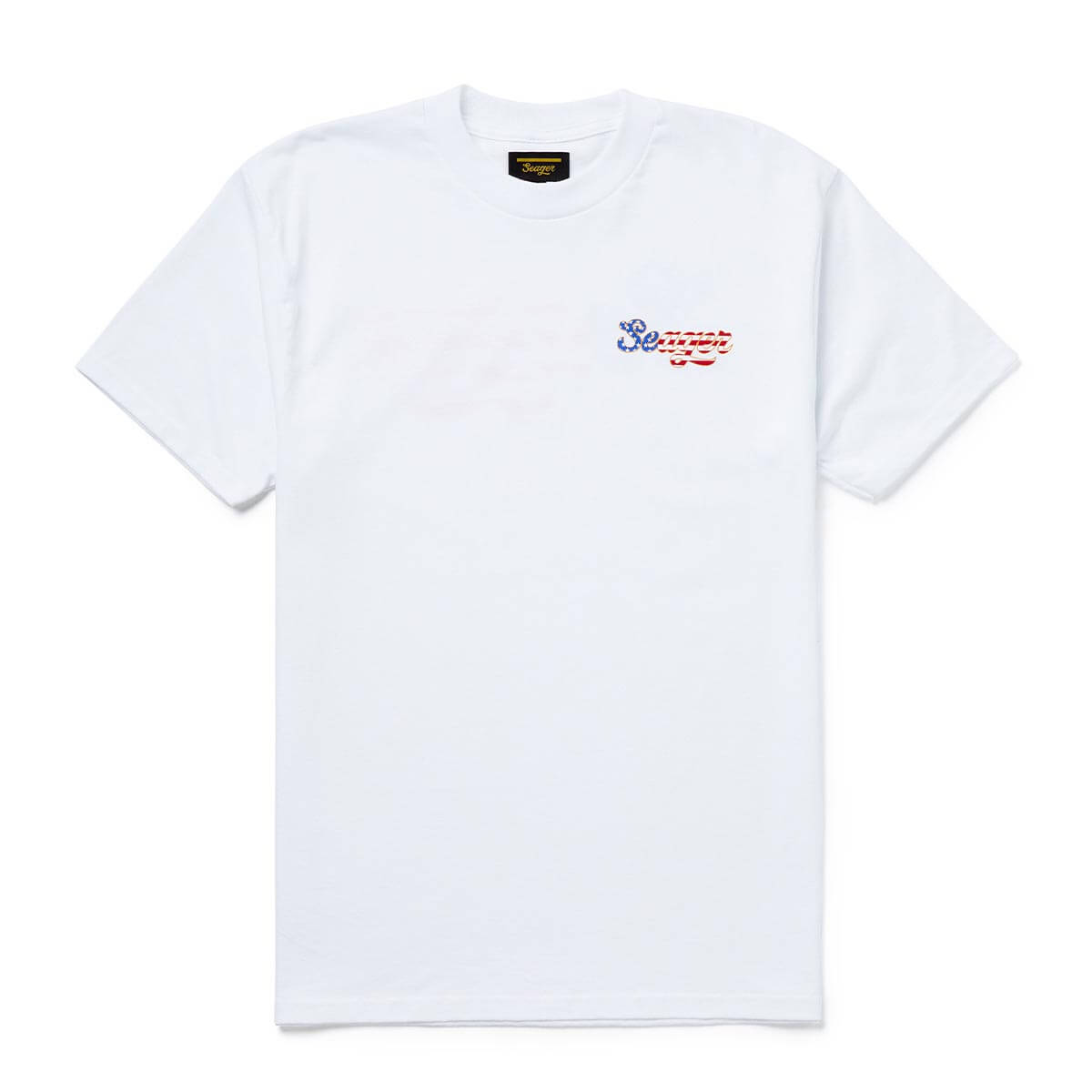 Close-up of USA Russ Vintage Black Tee showing White tee with small embroidered script logo in blue and red on chest -