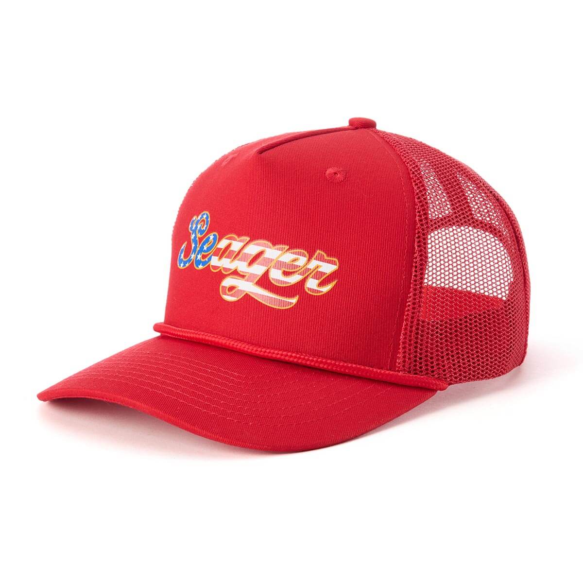 Back of USA Trucker Snapback Red Hat, Red mesh back panel with ventilation holes, solid red snapback closure - Slowride