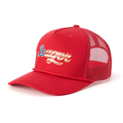 Back of USA Trucker Snapback Red Hat, Red mesh back panel with ventilation holes, solid red snapback closure - Slowride