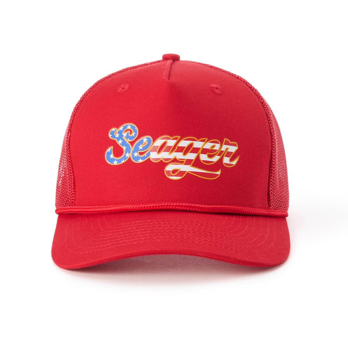 USA Trucker Snapback front view, Red trucker cap with blue and gold script logo and red mesh panels, Red Hat - Slowride