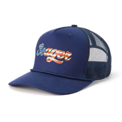 Close-up of USA Trucker Snapback Red Hat showing Navy front panel with blue and orange script embroidery, mesh back panels,