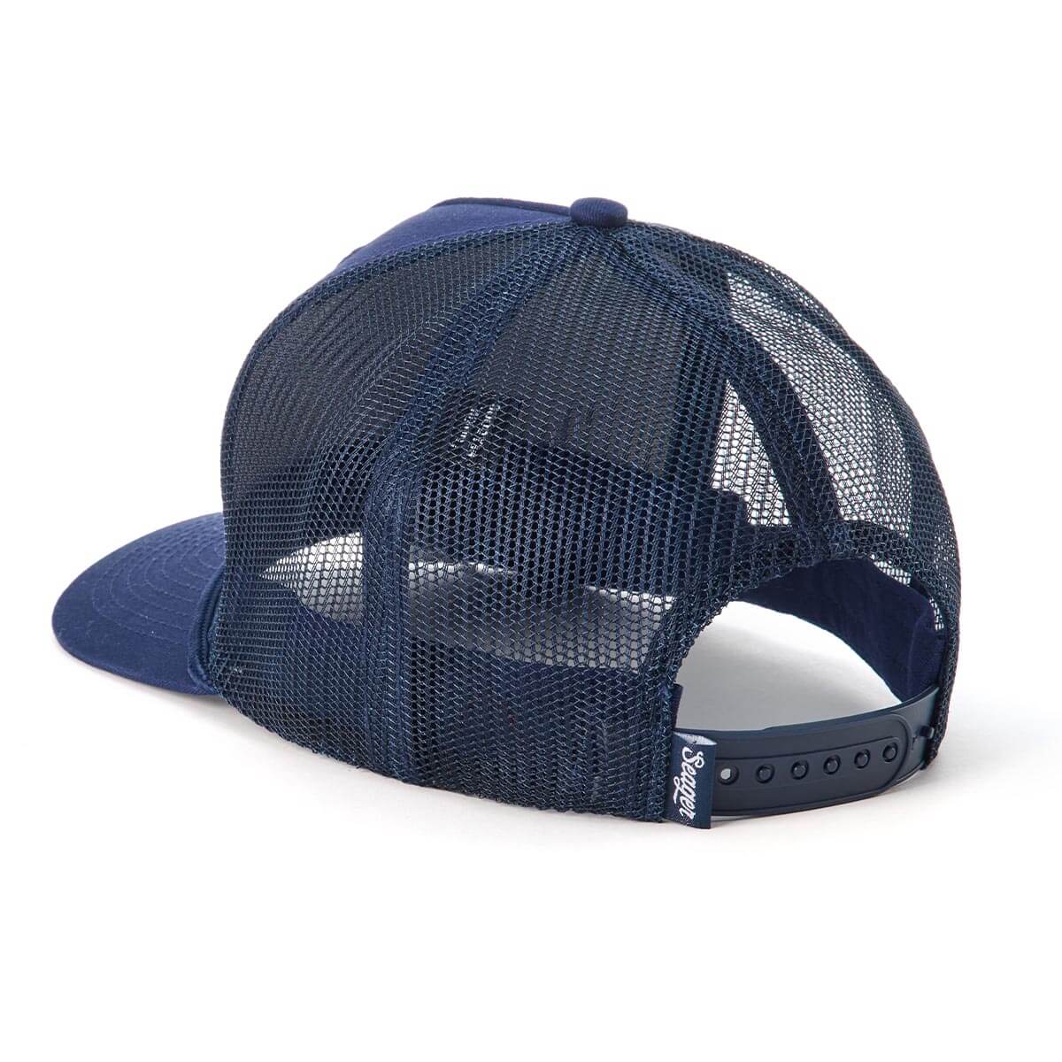 Close-up of USA Trucker Snapback Red Hat showing Navy cotton front with matching mesh back panels and black snapback closure