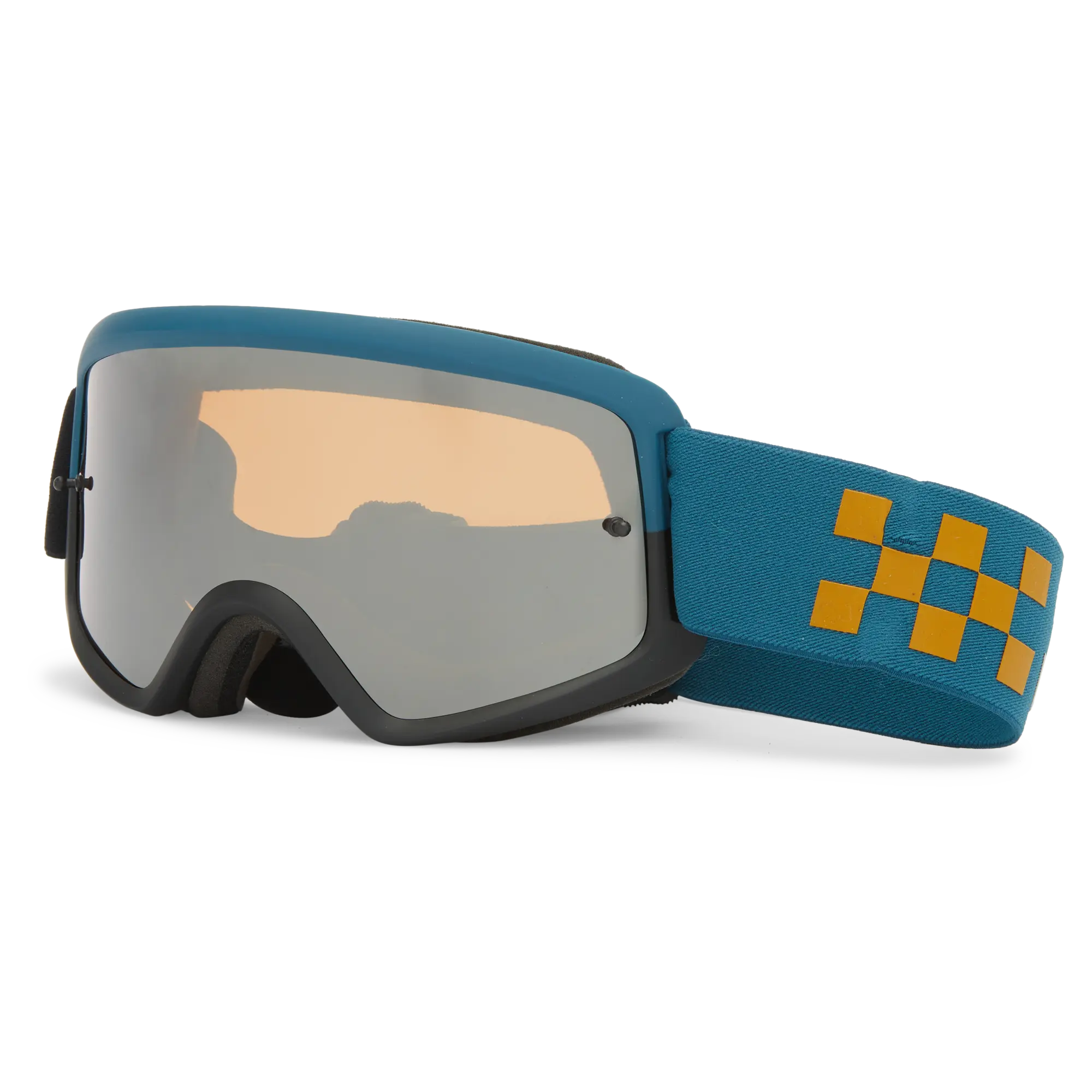 VZ Beefy Acadia Goggles Accessory front view, Black frame with teal and gold checkered strap, amber-tinted lens with gray