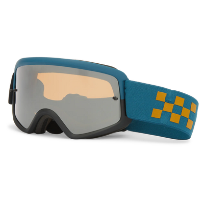 VZ Beefy Acadia Goggles Accessory front view, Black frame with teal and gold checkered strap, amber-tinted lens with gray