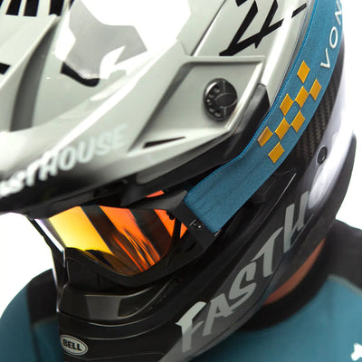Back of VZ Porkchop Acadia Goggles Accessory Slate Accessory, Teal backing with yellow diamond pattern and orange-to-yellow
