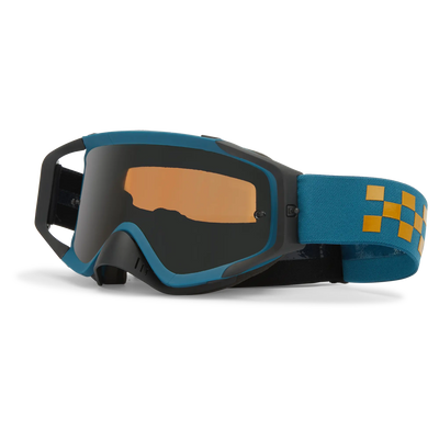 VZ Porkchop Acadia Goggles Accessory front view, Slate frame with teal trim, amber lens, and gold checkerboard pattern on