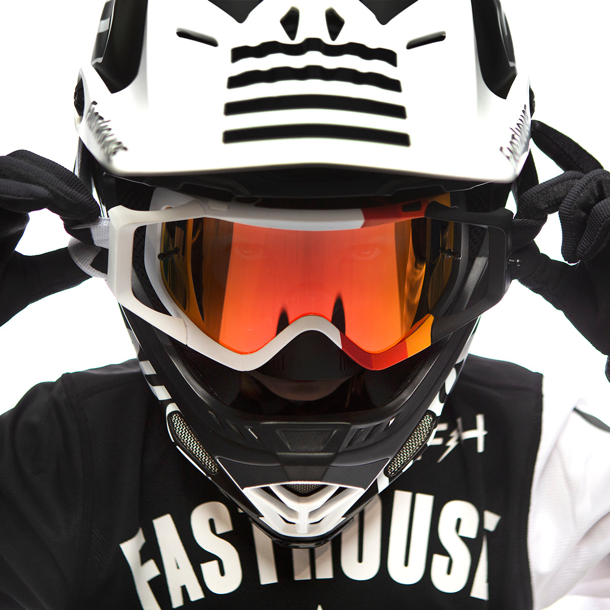 Back of VZ Porkchop Hayz Goggles Accessory White/black Accessory, White helmet with black geometric face graphic and orange