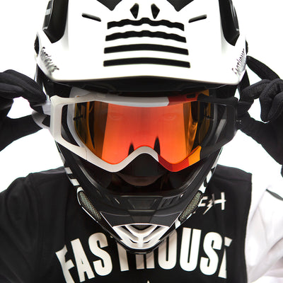 Back of VZ Porkchop Hayz Goggles Accessory White/black Accessory, White helmet with black geometric face graphic and orange