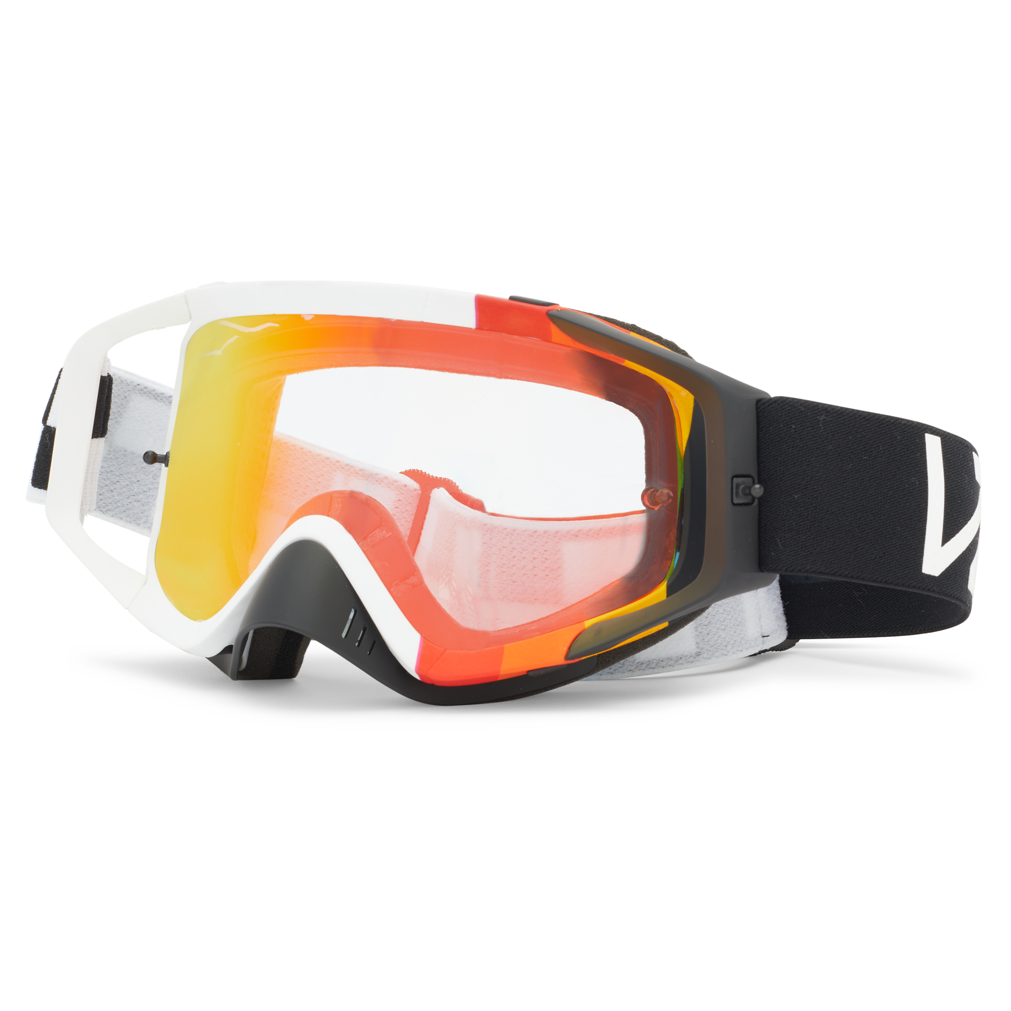 VZ Porkchop Hayz Goggles Accessory front view, White frame with red and orange gradient lens, black and white fabric strap,