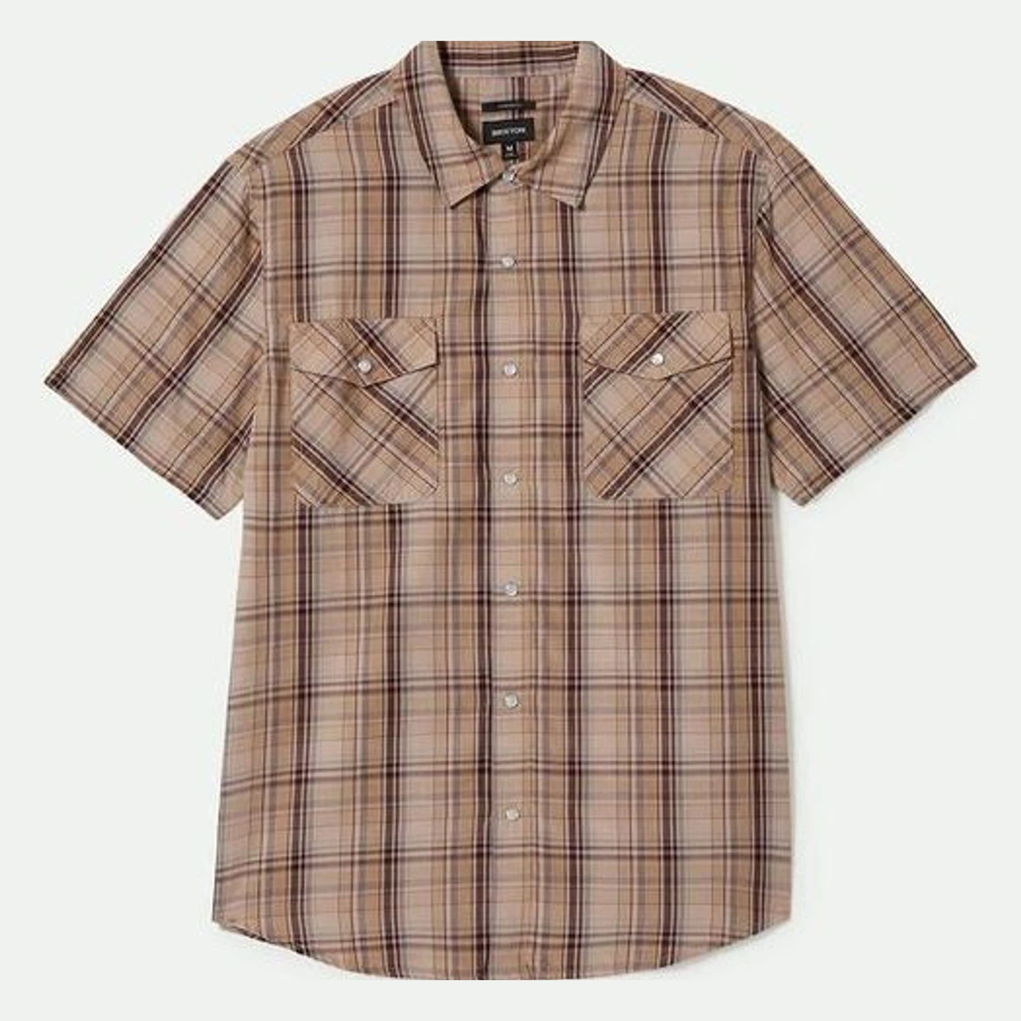 Wayne SS Woven Western Plaid S/S Woven front view, Tan and brown plaid with dual chest pockets and pearl snap buttons, S/S