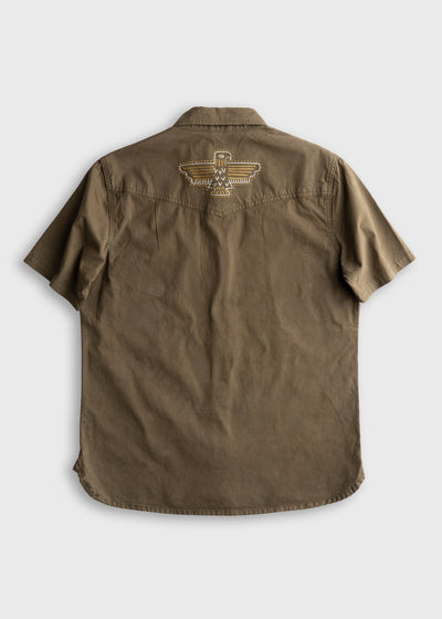 Back of Westy Shirt S/S Woven Light Khaki S/S Woven, Light khaki with cream outline eagle graphic centered on back yoke -