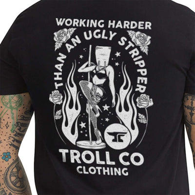 Person wearing WHUS Butterface 4.0 Black Tee, Wearer with tattooed arms stands against white background - Slowride Supply