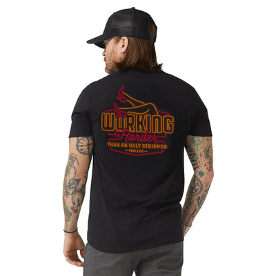 Back of WHUS Neon Black Tee, Black with orange and red neon bull graphic and script text reading "Working Harder Than An