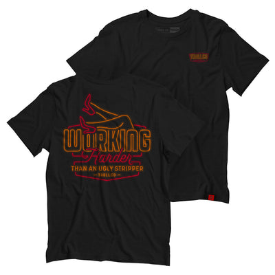 WHUS Neon front view, Black with orange and red neon-style graphic of working hands and text reading "Working Harder Than An