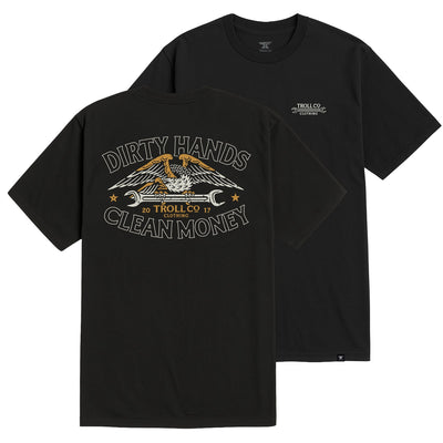 Back of Wing Spanner Black Tee, Black with winged eagle graphic, wrench, gold and white accents, "Dirty Hands Clean Money"