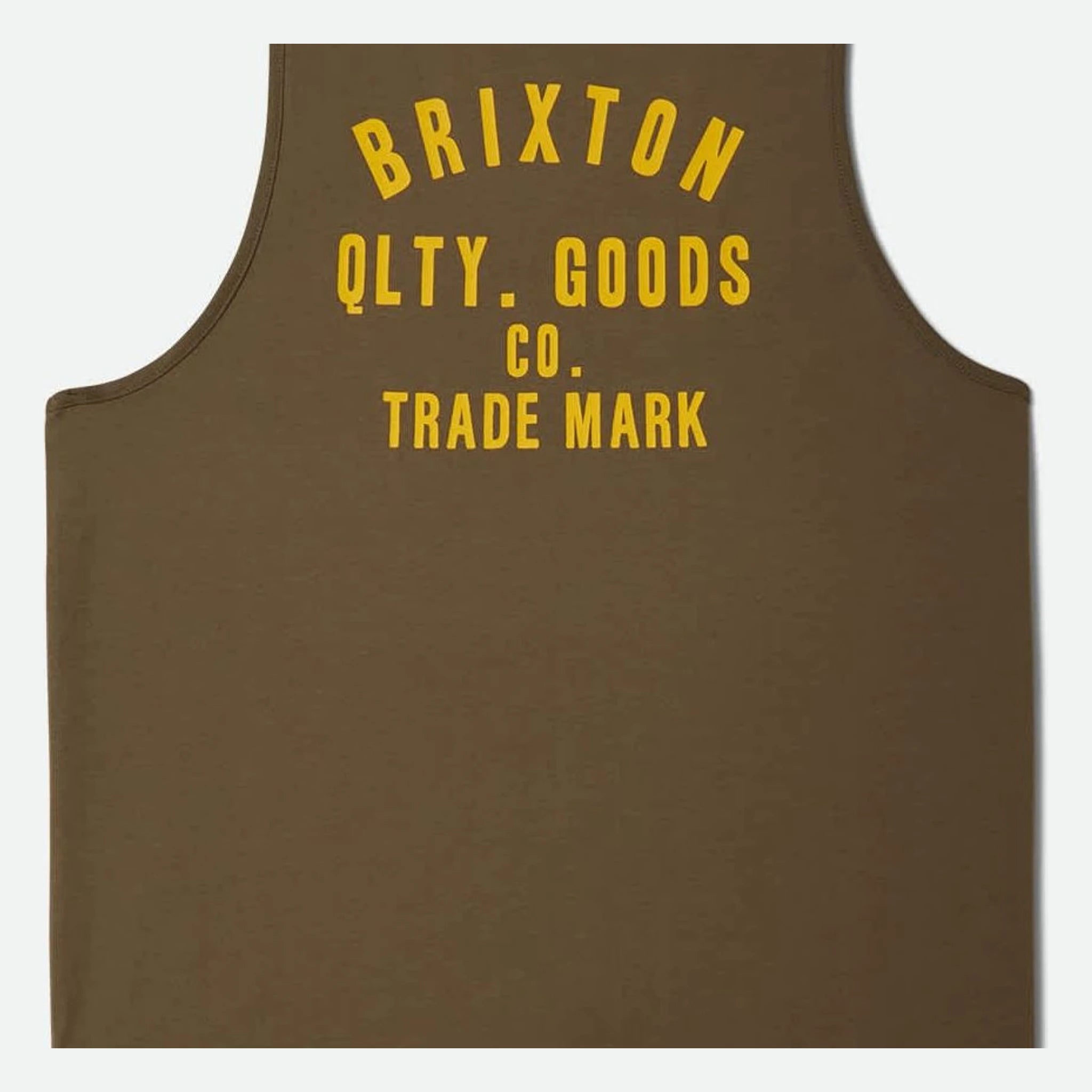 Woodburn Tank Top front view, Olive brown with yellow block lettering reading "BRIXTON QLTY. GOODS CO. TRADE MARK, Washed