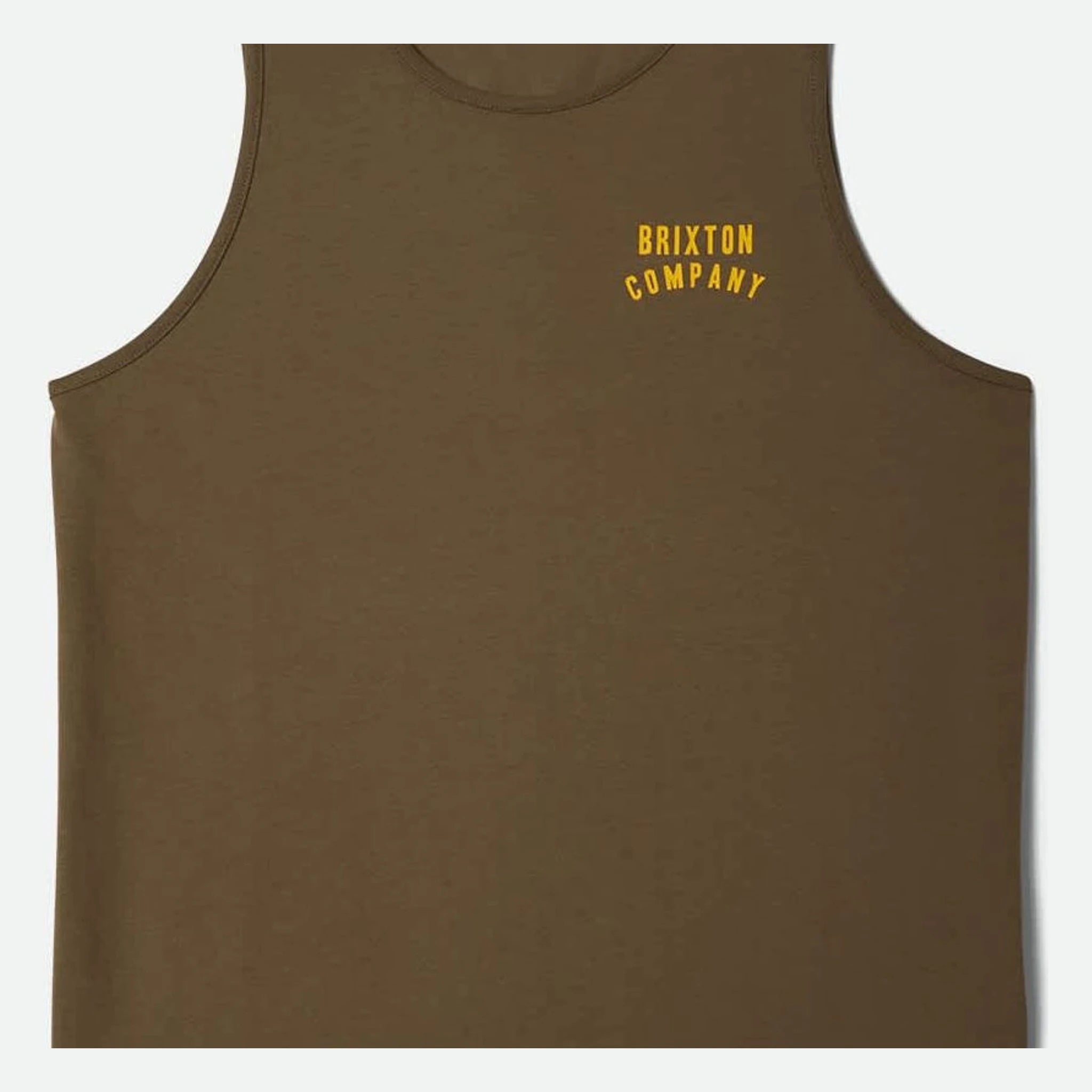 Close-up of Woodburn Tank Top Washed Black/white Tank Top showing Olive tank top with gold text print on chest - Slowride
