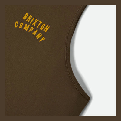 Close-up of Woodburn Tank Top Washed Black/white Tank Top showing Crew neckline with brown ribbed trim and stitching detail