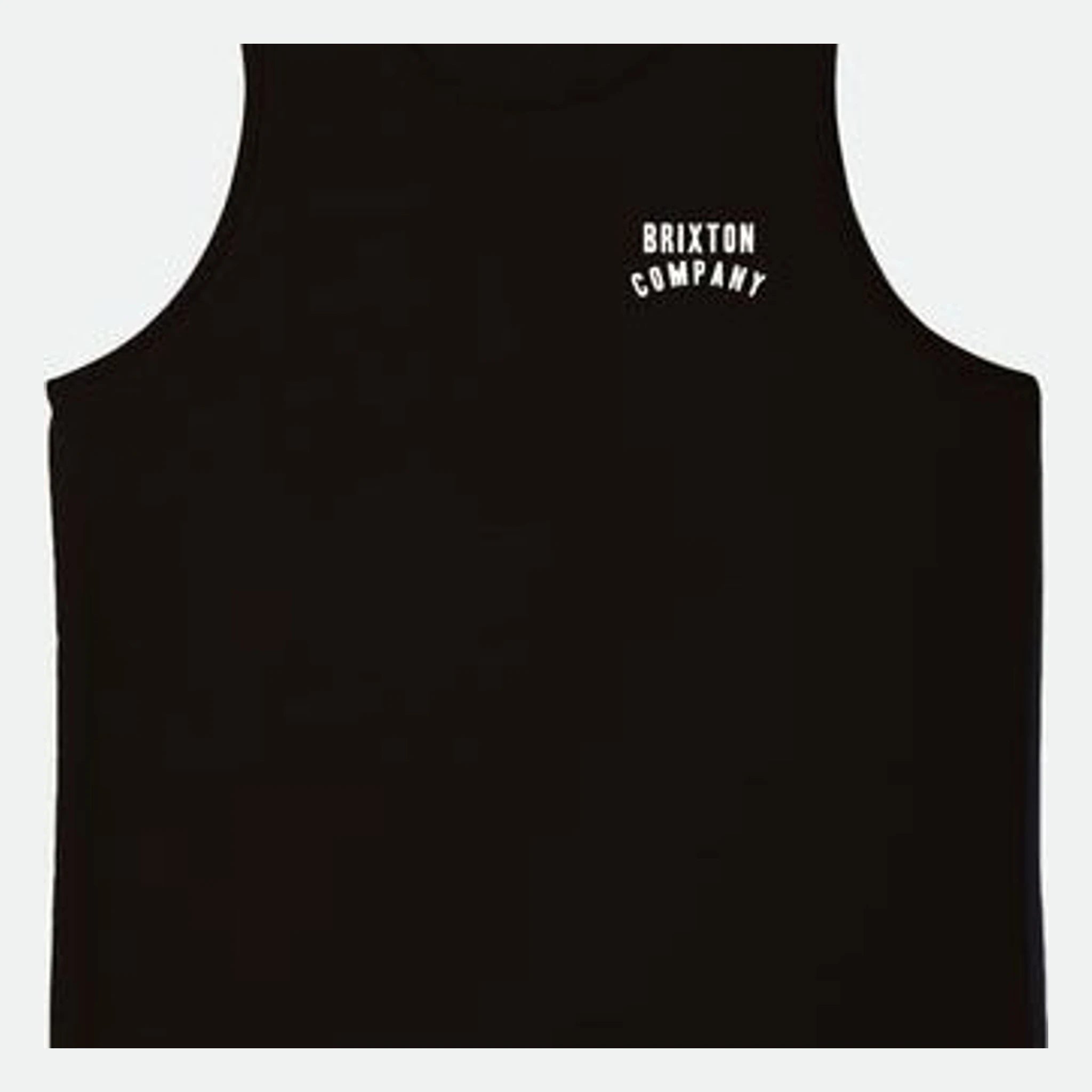 Close-up of Woodburn Tank Top Washed Black/white Tank Top showing Sleeveless tank with small white text graphic on chest