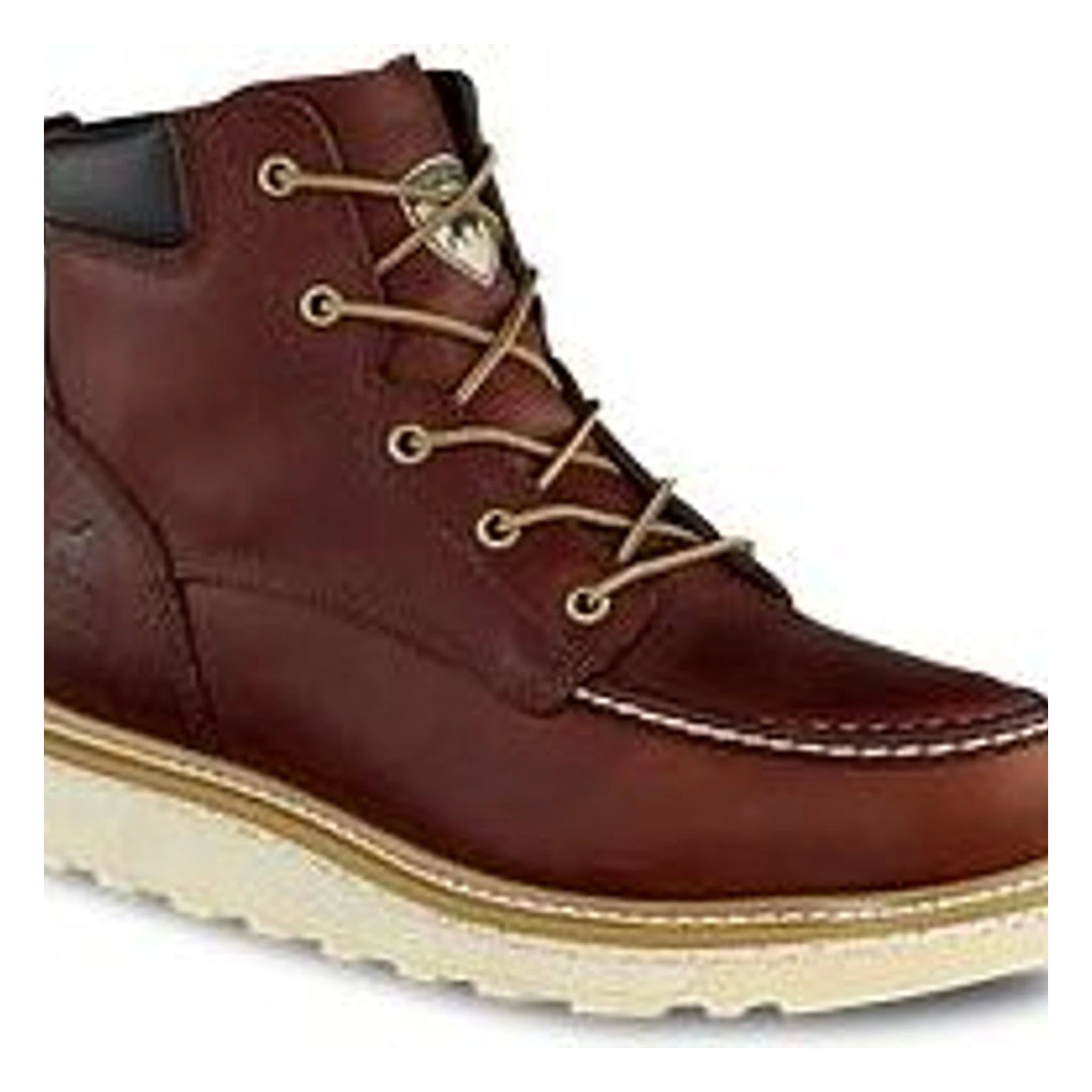 Work/ashby ST Boots front view, Burgundy leather upper with cream lace-up front and tan stitched moccasin toe, cream sole,