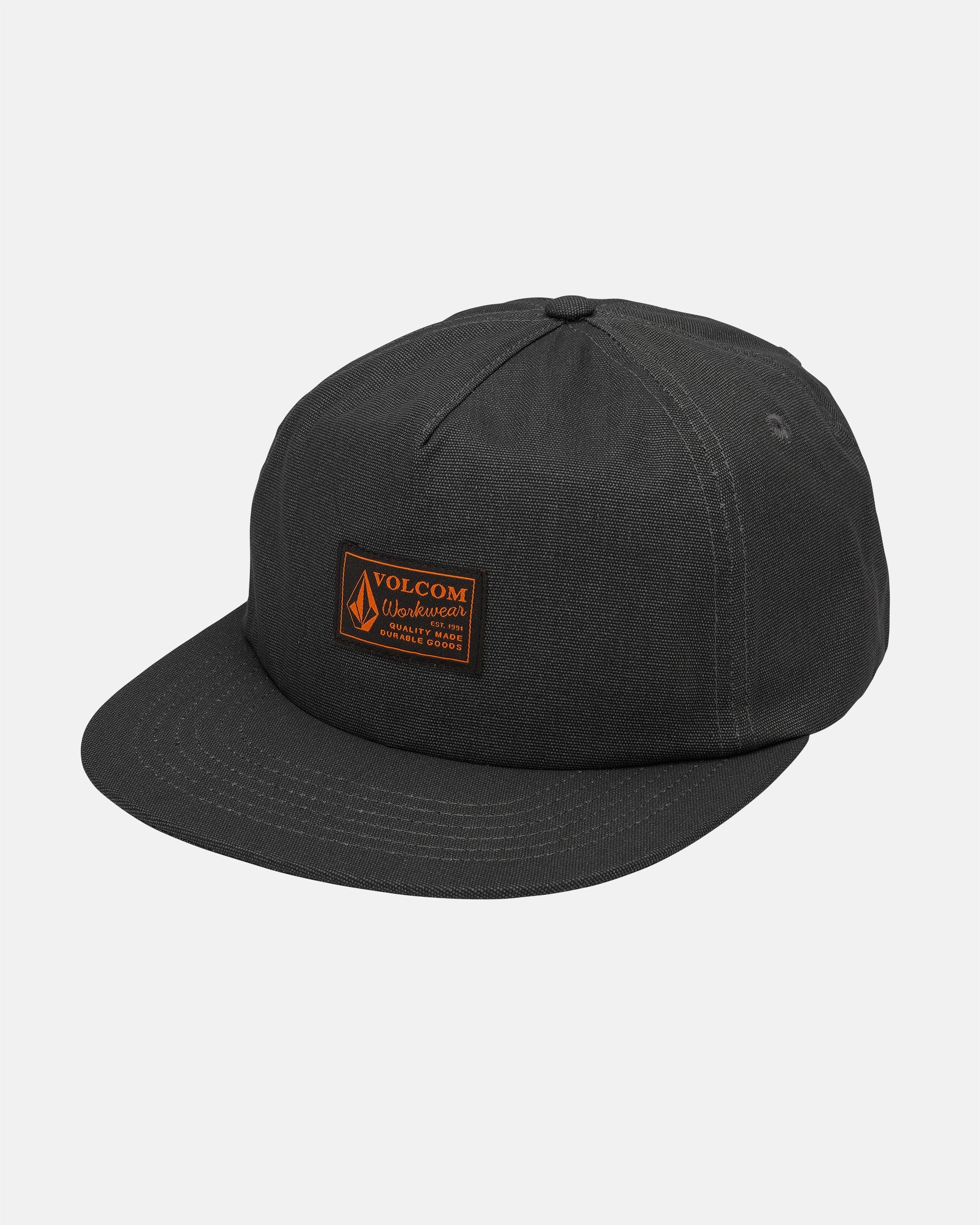 Workwear Adjustable front view, Charcoal grey with orange and black woven label patch on front crown, Grey Hat - Slowride