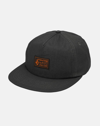 Workwear Adjustable front view, Charcoal grey with orange and black woven label patch on front crown, Grey Hat - Slowride