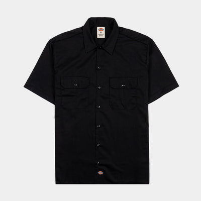 Woven Twill Shirt S/S Woven front view, Black short-sleeve work shirt with dual chest pockets and metal snap closures, Black