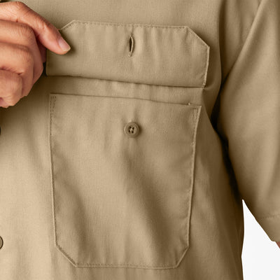 Close-up of Woven Twill Shirt S/S Woven Black S/S Woven showing Tan twill chest pocket with single button closure and