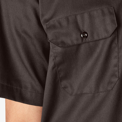 Close-up of Woven Twill Shirt S/S Woven Black S/S Woven showing Charcoal twill chest pocket with button closure and diagonal