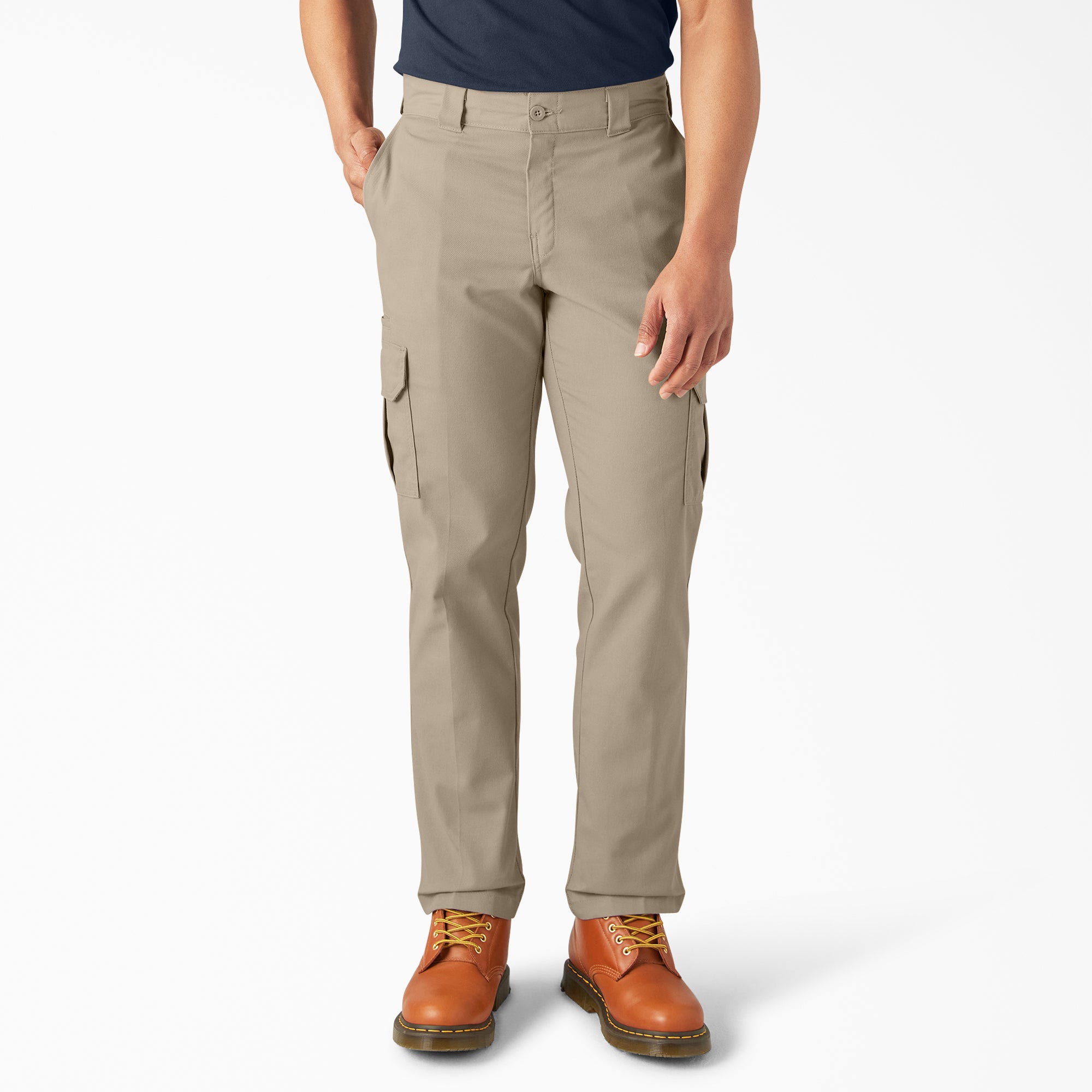 Person wearing Wp595 Cargo Pant Regular Fit Pants Black Pants, Khaki cargo pants with side pockets, styled with brown