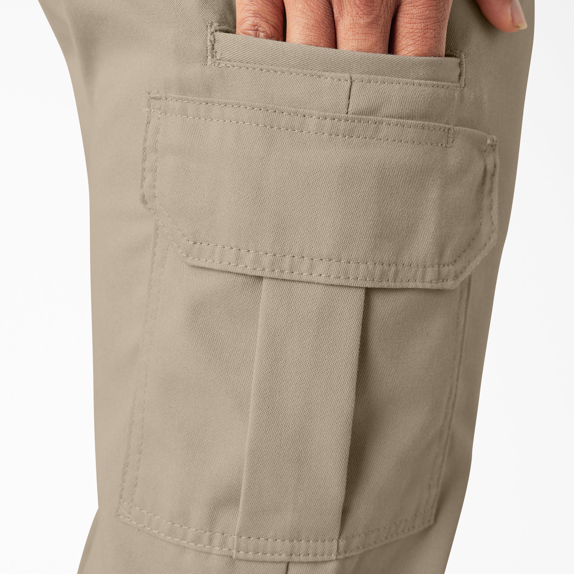 Close-up of Wp595 Cargo Pant Regular Fit Pants Black Pants showing Tan cargo pocket with flap closure and topstitching