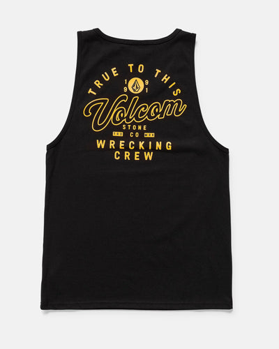Wrecking Tank Apparel front view, Black with gold script and sans-serif type reading "True to This Volcom Stone Wrecking